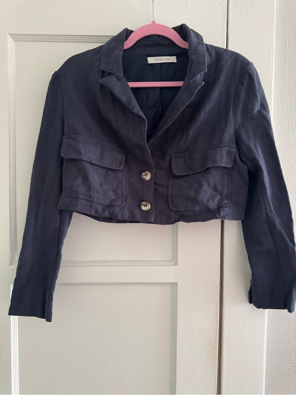 Mustard Seed Cropped Navy Blazer with Flap Pockets